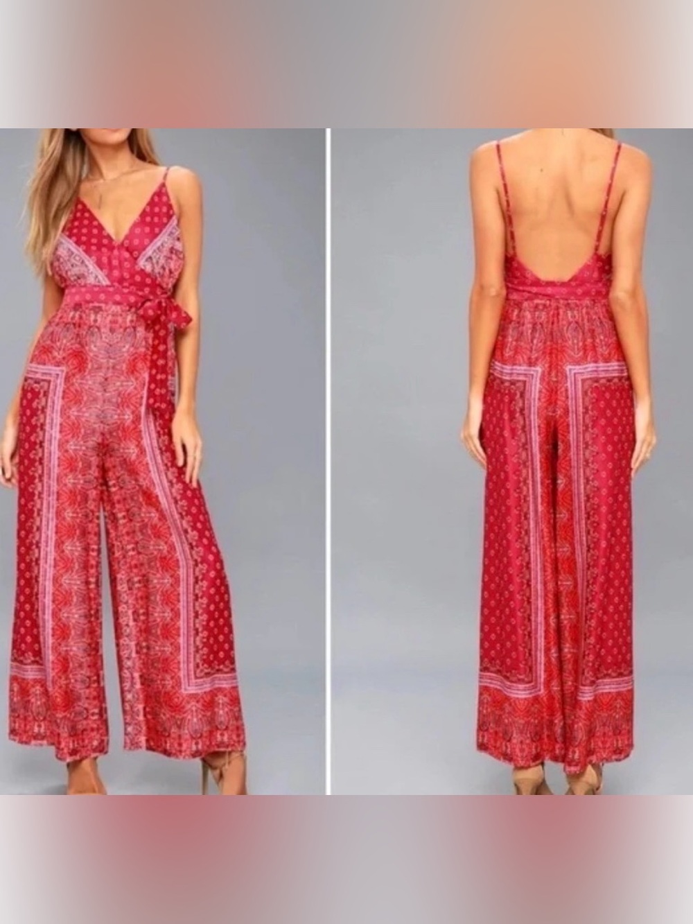 Free People Cabbage Rose Jumpsuit Pink Multi Print 0 Wide Leg